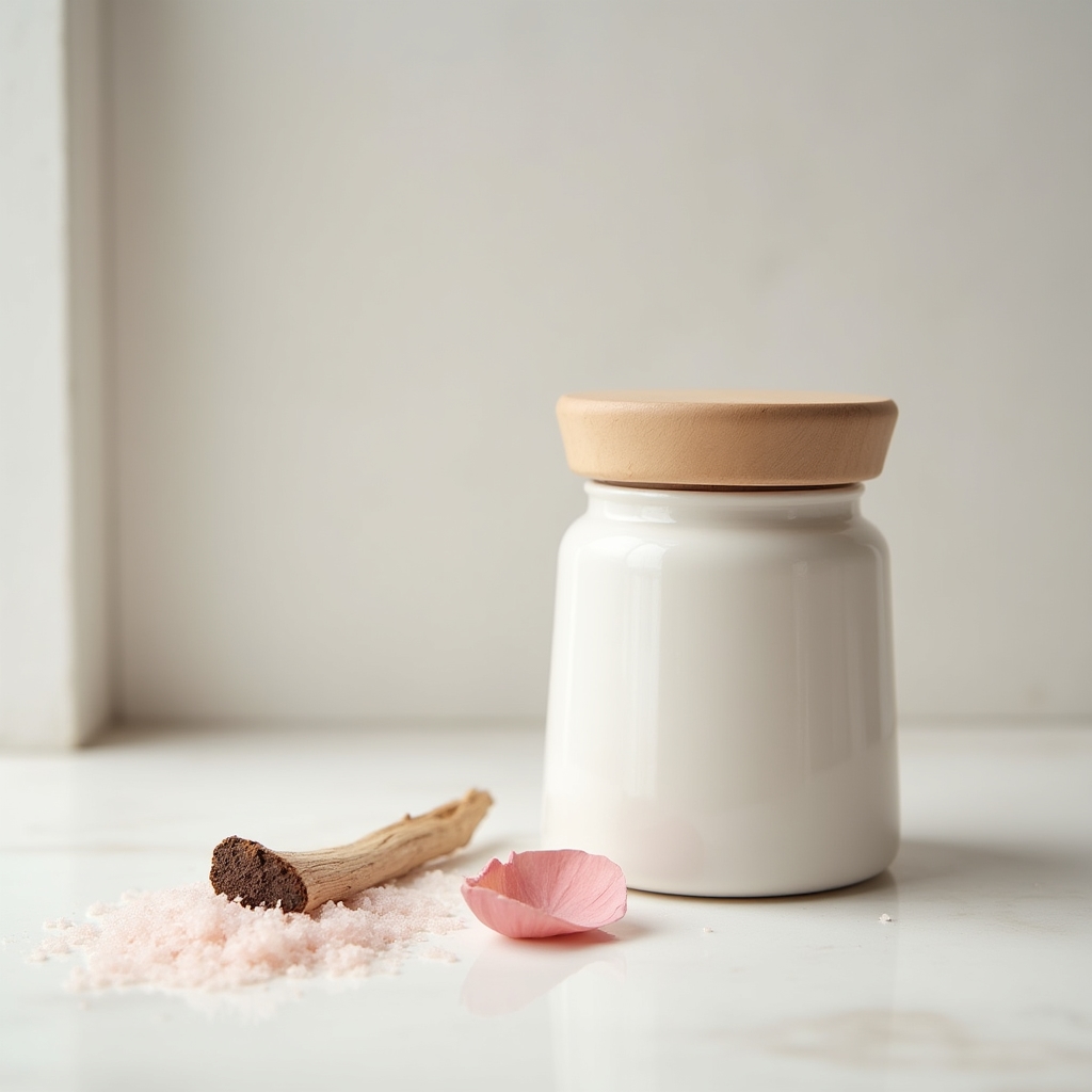 Neues Badesalz mit Rosenholzduft in einem weißen Glas mit Holzdeckel auf hellem Hintergrund