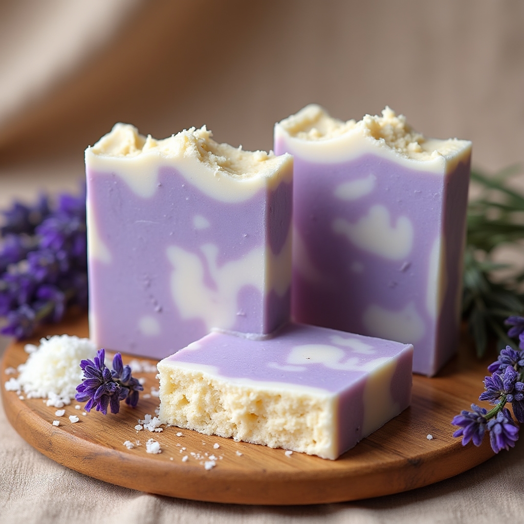 Neue Lavendel-Kokos Kaltseife in Riegelform auf einem Holzbrett, umgeben von Lavendelblüten